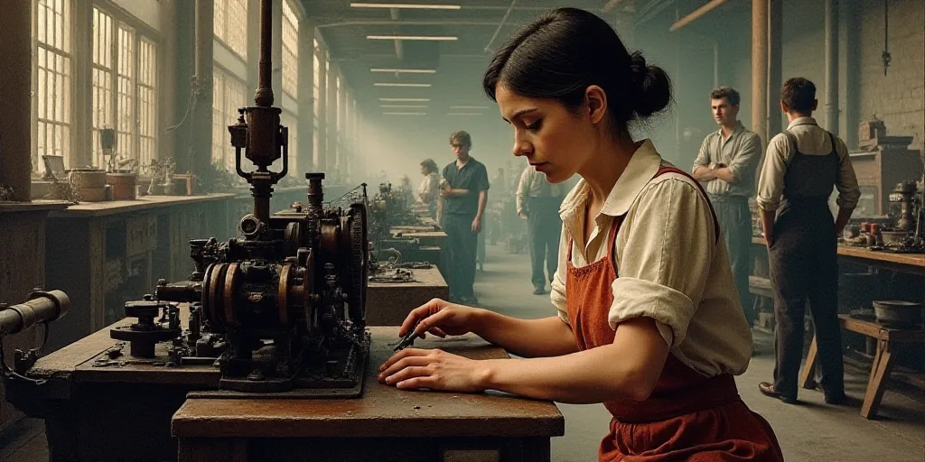 a woman in a factory working on a machine with other people in the background looking at it and a ma