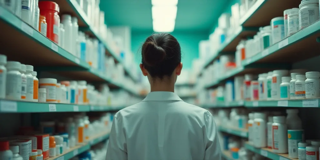 a woman in a pharmacy shop looking at a shelf of medicine bottles and other items on shelving units,
