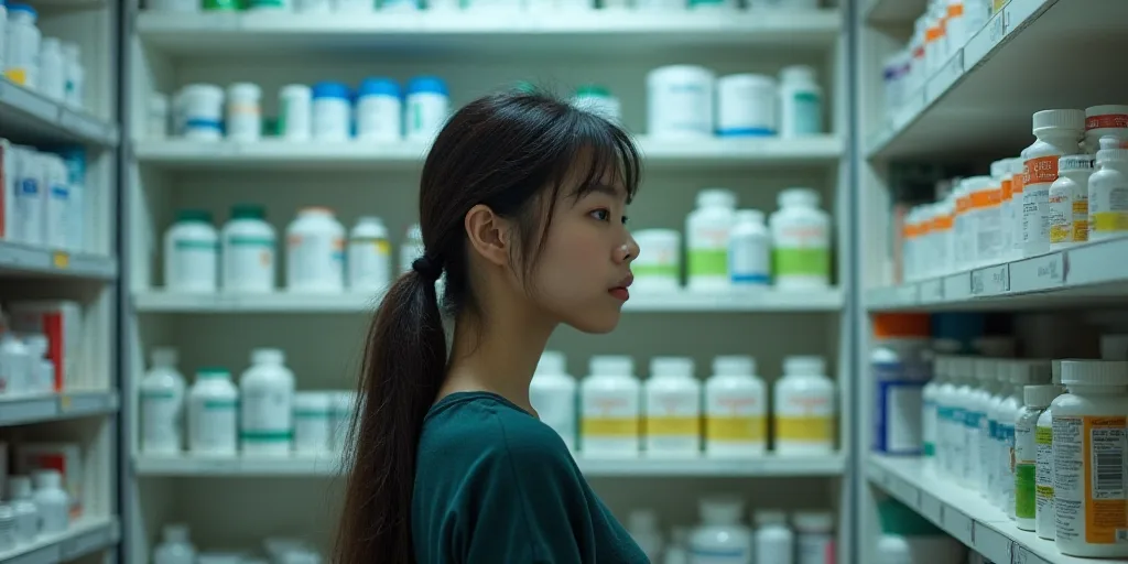 a woman in a pharmacy shop looking at a shelf of medicine bottles and other items on shelving units,