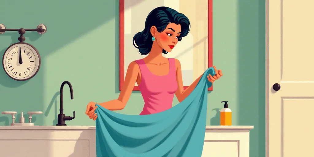 a woman in a pink top is holding a blue towel in a bathroom with a scale and a bottle of soap, Évar