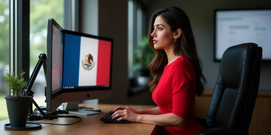 a woman in a red dress sitting at a desk with a computer and a flag on it's monitor, Amelia Peláez,