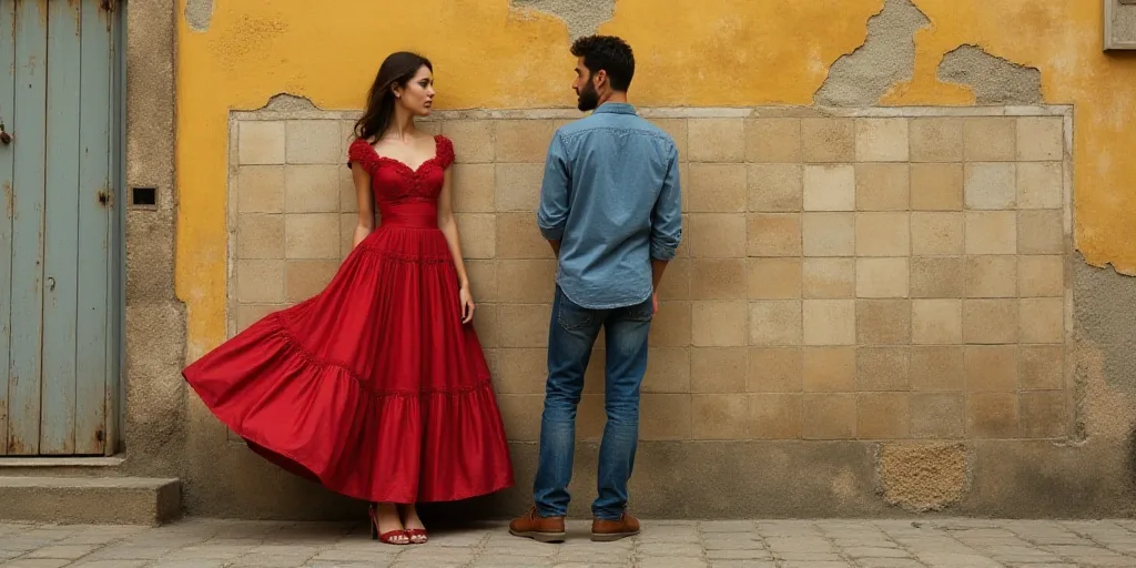a woman in a red dress standing next to a man in a blue shirt and jeans in front of a tiled wall, Ev