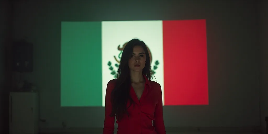 a woman in a red top is standing in front of a sign and a flag of mexico behind her, Eva Gonzalès,