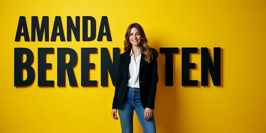 a woman in a suit and jeans standing in front of a yellow and black background with the words amanda