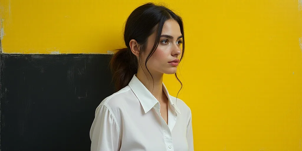 a woman in a white shirt and a black and yellow background with a yellow and black background and a