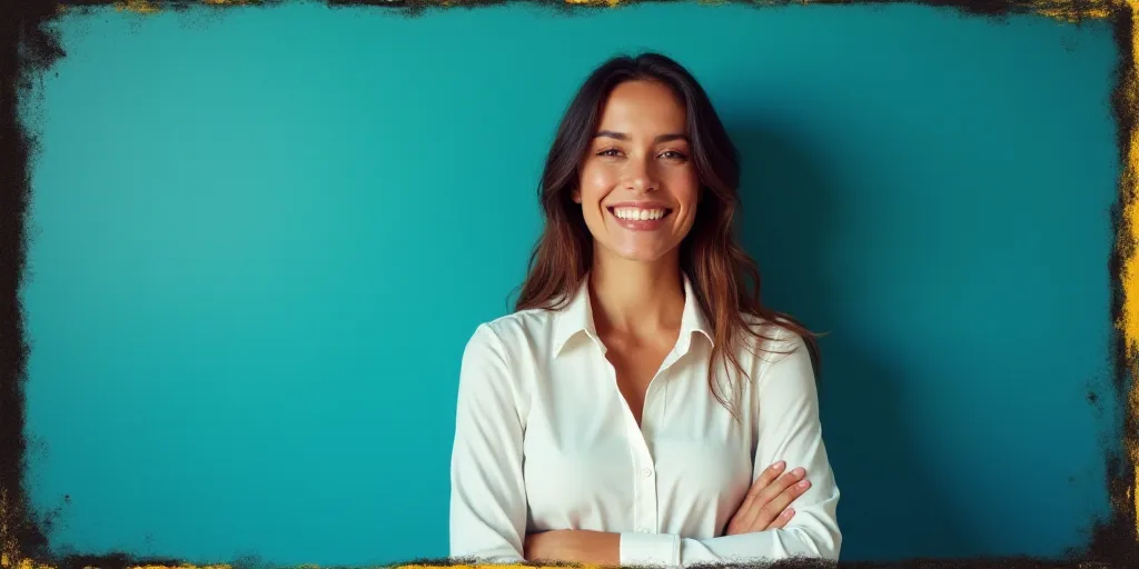 a woman in a white shirt is smiling for the camera with a blue background and a black and yellow bor