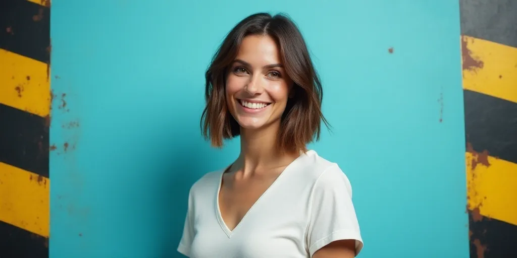 a woman in a white top is smiling for the camera with a blue background and a black and yellow borde