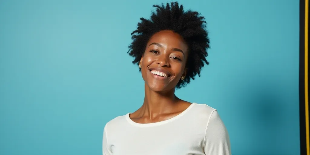 a woman in a white top is smiling for the camera with a blue background and a black and yellow borde