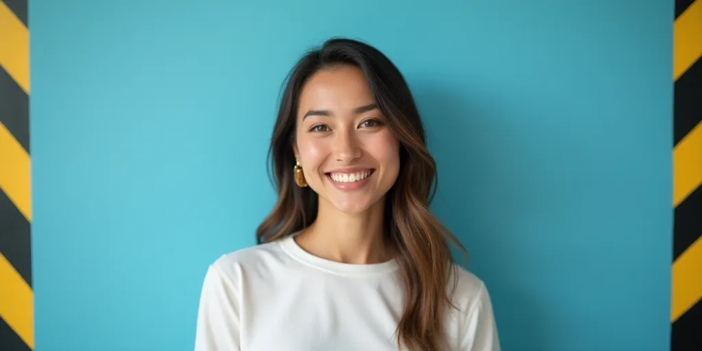 a woman in a white top is smiling for the camera with a blue background and a black and yellow borde
