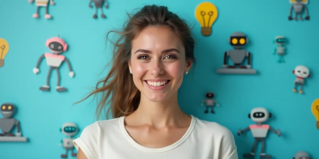 a woman in a white top is smiling for the camera with a blue background and a black and yellow borde