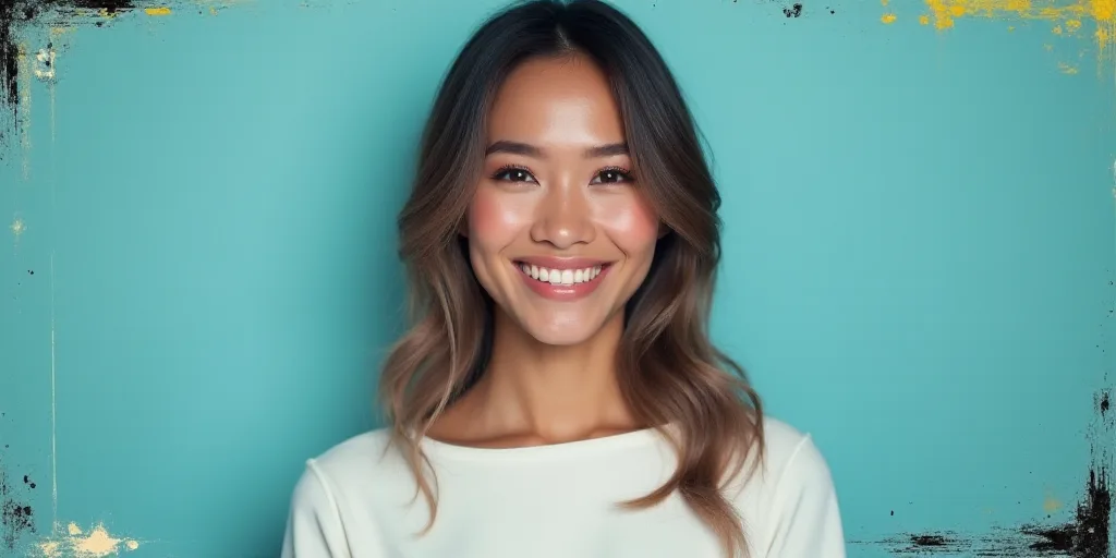 a woman in a white top is smiling for the camera with a blue background and a black and yellow borde