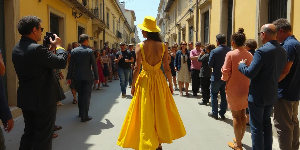 a woman in a yellow dress and hat walking down a street with a group of people behind her and taking