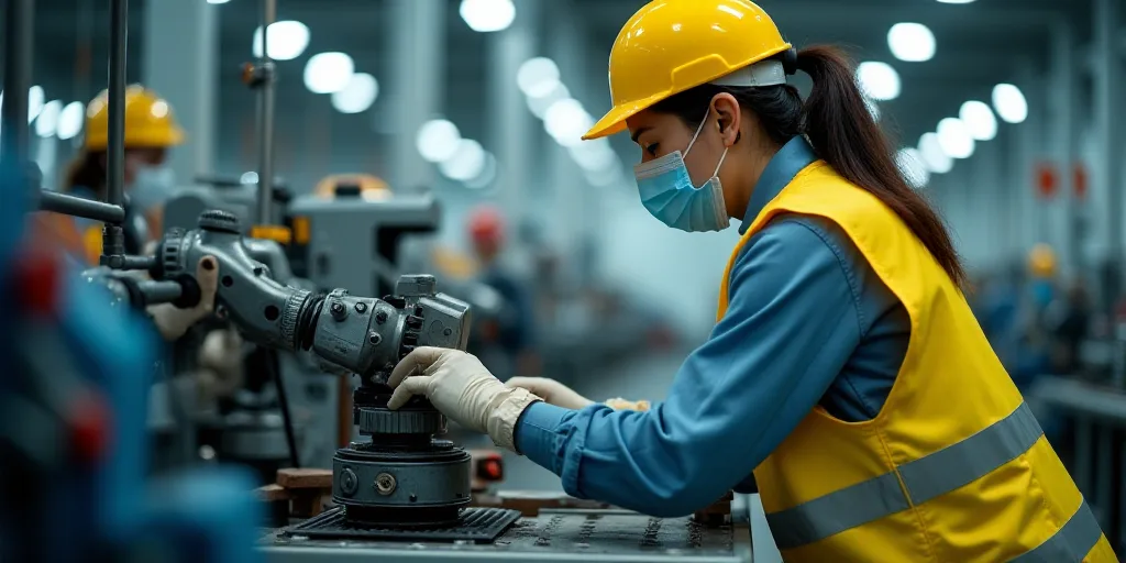 a woman in a yellow vest and a mask working on a machine in a factory with other machinery in the ba
