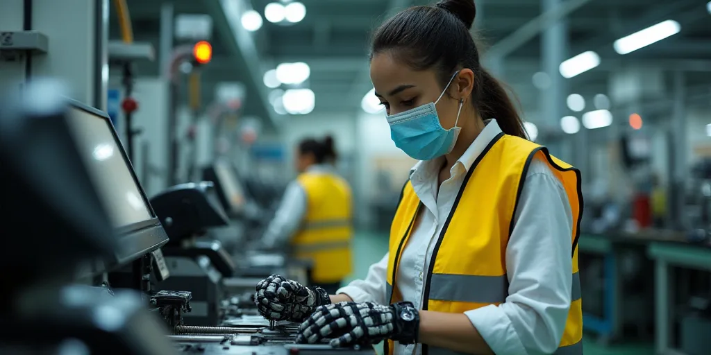 a woman in a yellow vest and a mask working on a machine in a factory with other machinery in the ba