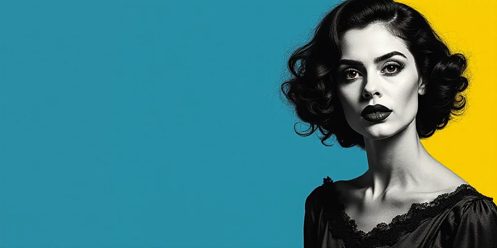 a woman in black and white with a blue background and a blue and yellow background with a black and