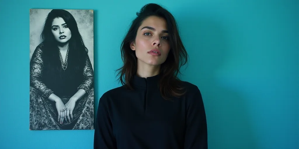 a woman in black shirt standing in front of a blue background with a black and white photo of her, D