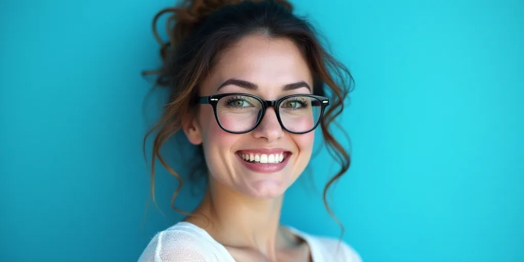 a woman in glasses is smiling for the camera with a blue background and a black and white photo of h