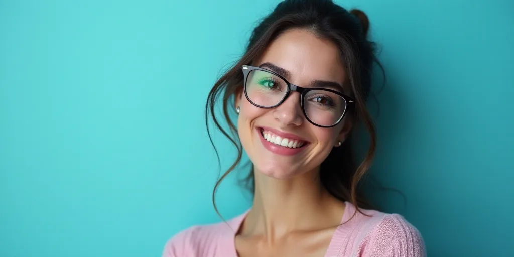 a woman in glasses is smiling for the camera with a blue background and a black and white photo of h
