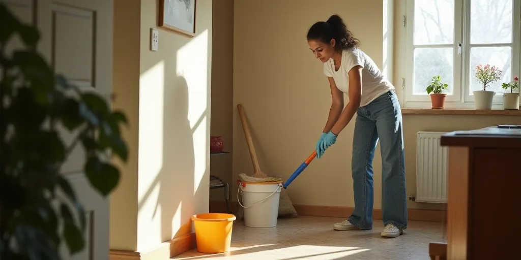 a woman is cleaning the floor in a house with a bucket and a brush in her hand and a bucket of clean