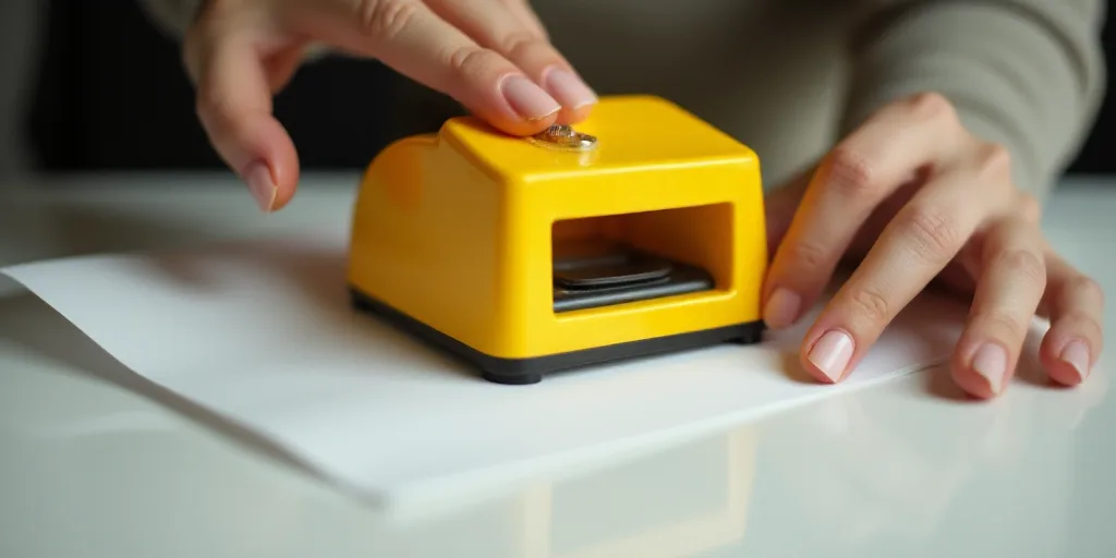 a woman is cutting a piece of paper with a yellow puncher and a yellow puncher in front of her, Anne