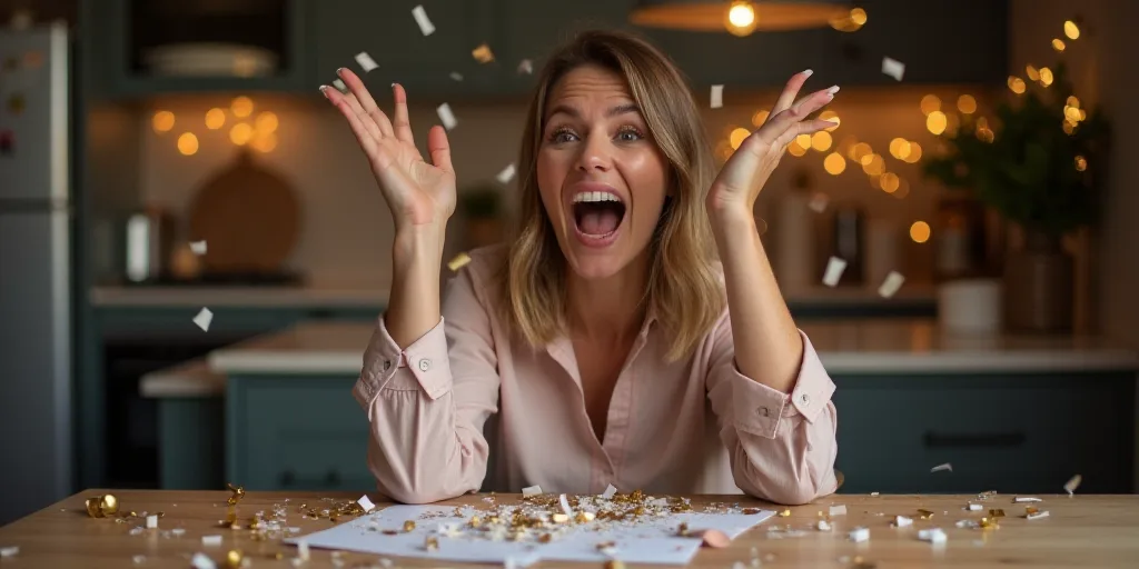 a woman is excited about her new year's resolution with confetti and confetti on the table, Claire D