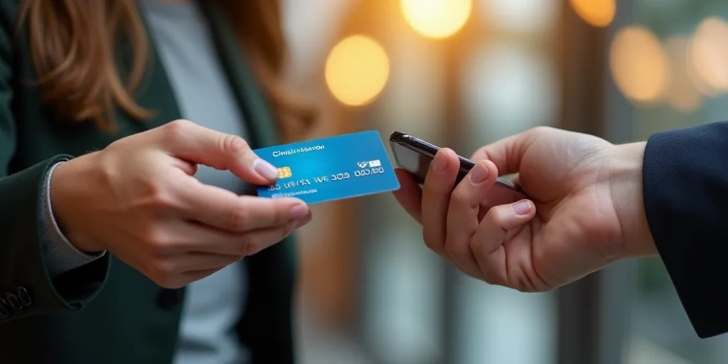 a woman is handing a credit card to a man's hand with a cell phone in his hand, Dahlov Ipcar, produc