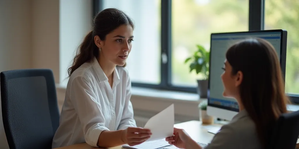 a woman is handing a piece of paper to another woman at a desk with a computer and a monitor, Aracel