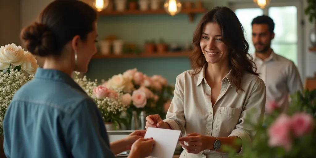 a woman is handing out a card to a woman in a flower shop with flowers in the background and a man i