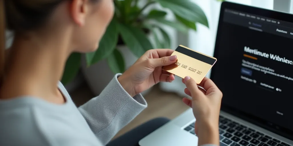 a woman is holding a credit card and looking at a laptop screen with a screen displaying a message o
