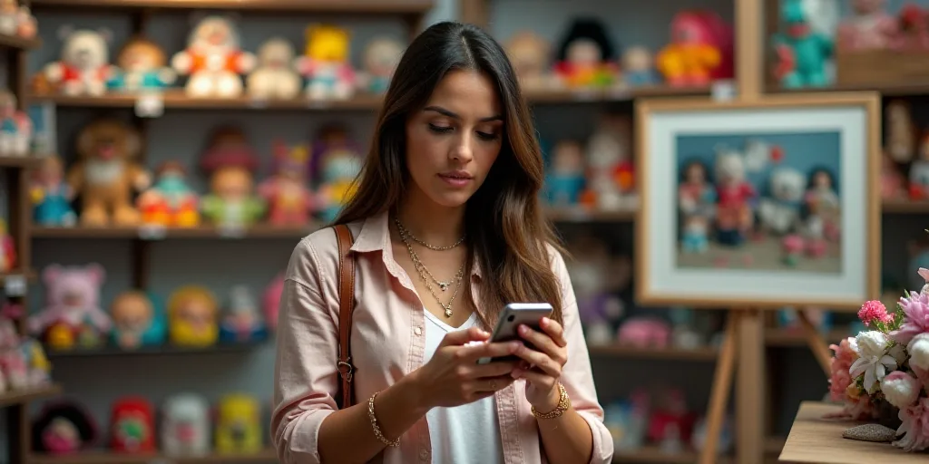 a woman is looking at a cell phone in a store with lots of items on display behind her and a wall of