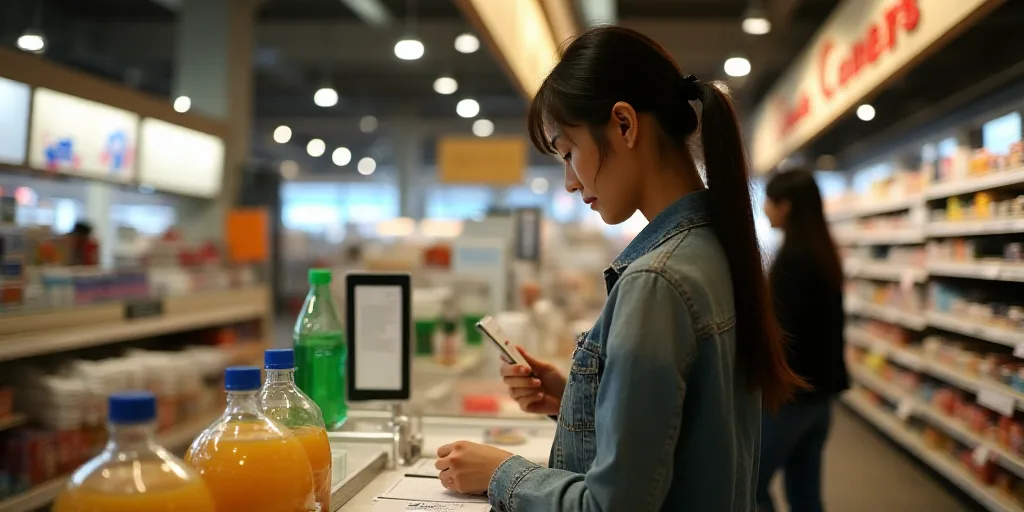 a woman is looking at a check in a checkout counter at a store with a woman in the background, Évar