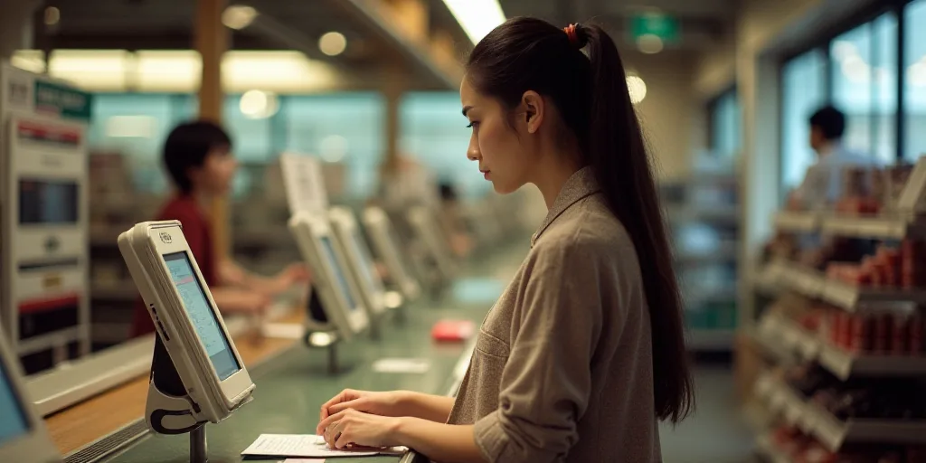 a woman is looking at a check in a checkout counter at a store with a woman in the background, Évar