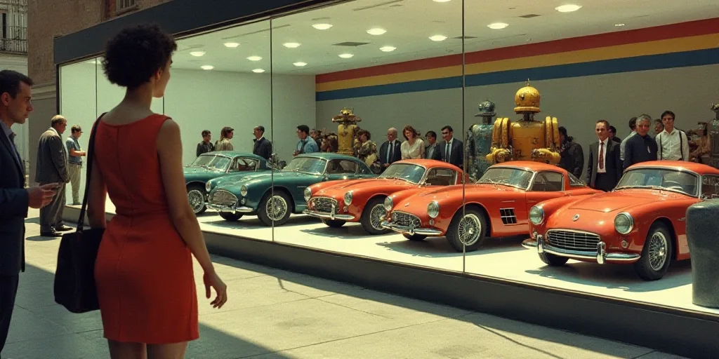 a woman is looking at a display of cars in a store window display area with people standing around a