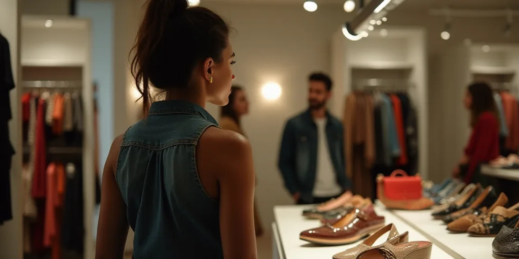 a woman is looking at a pair of shoes on display in a store with a man in the background, Araceli Gi