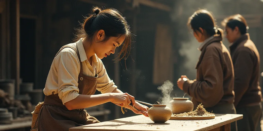 a woman is making a pot with a wooden stick and a knife in it while others look on from the other si