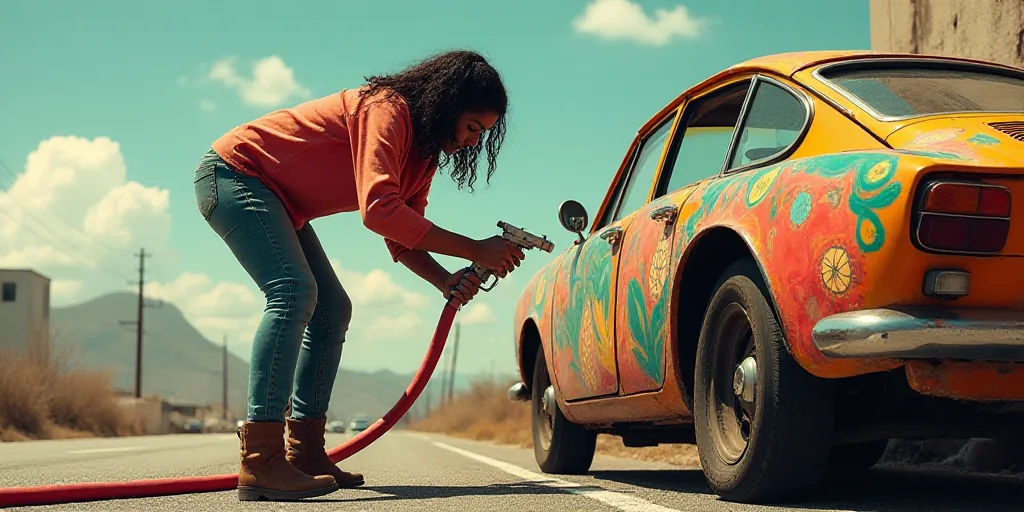 a woman is painting a car on the side of the road with a spray gun and a hose attached to it, Diego