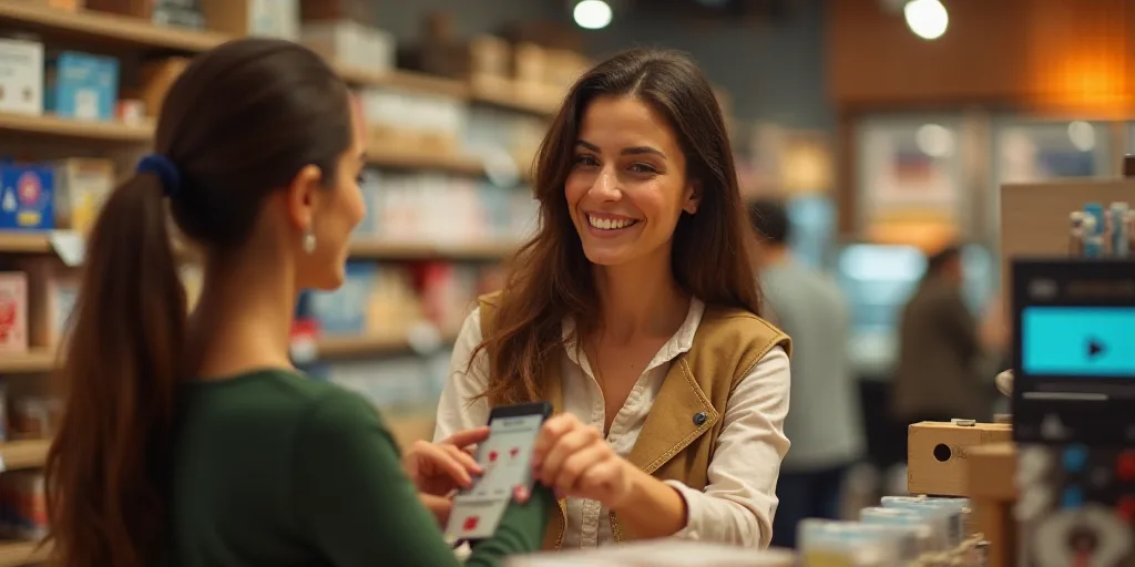 a woman is paying a customer at a store with a smile on her face and a smile on her face, Ceferí Ol