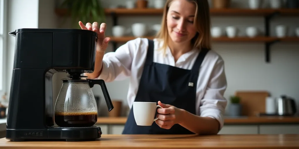 a woman is pouring a cup of coffee into a coffee maker in a kitchen with a coffee maker and shelves