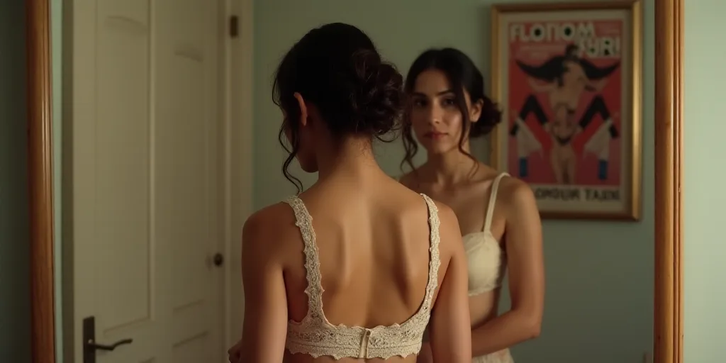 a woman is putting on a bra while another woman watches her in the mirror behind her and a poster be