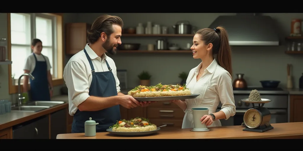 a woman is serving a tray of food to a man in a kitchen with other people around her and a scale wit