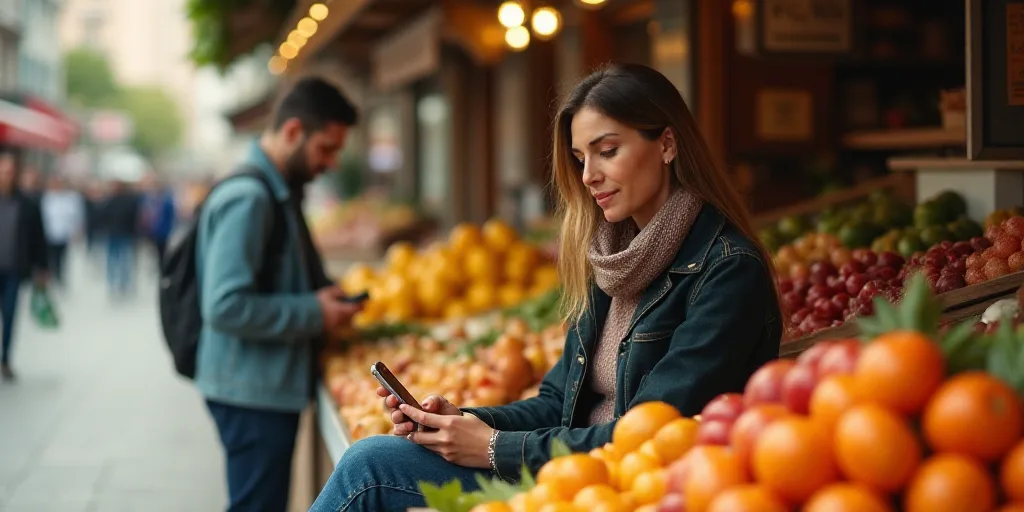a woman is sitting at a fruit stand with a man in the background looking at her phone and a man in t