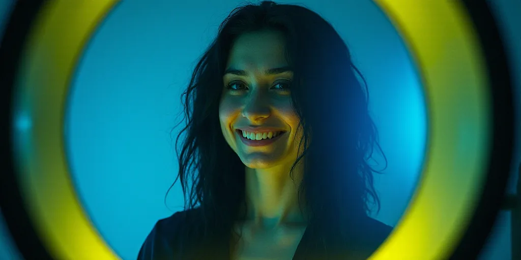 a woman is smiling for a picture with a blue background and a yellow border around her is the captio