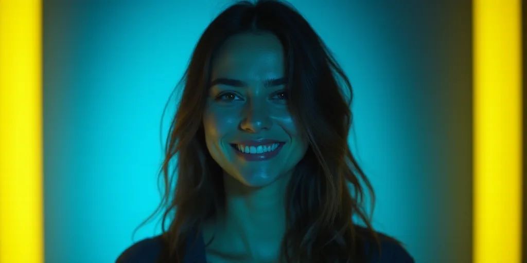 a woman is smiling for a picture with a blue background and a yellow border around her is the captio