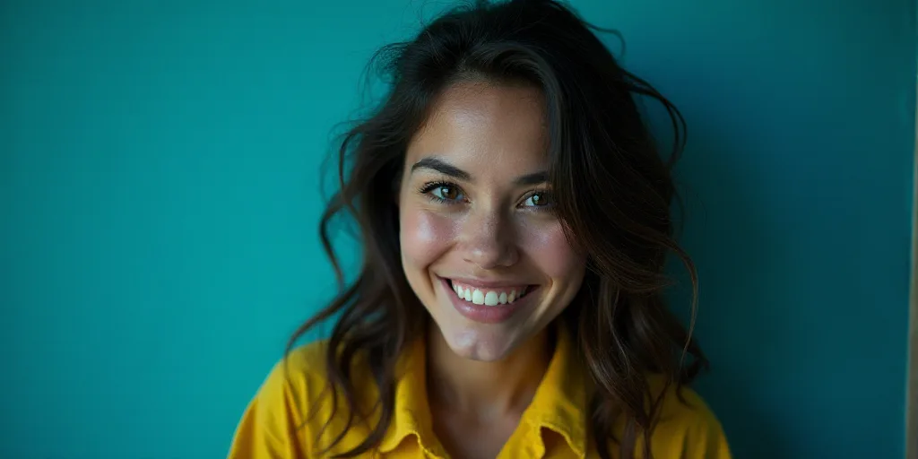 a woman is smiling for a picture with a blue background and a yellow border around her is the captio