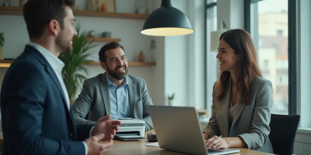 a woman is standing at a desk with a laptop computer and a printer in front of her and two men behin