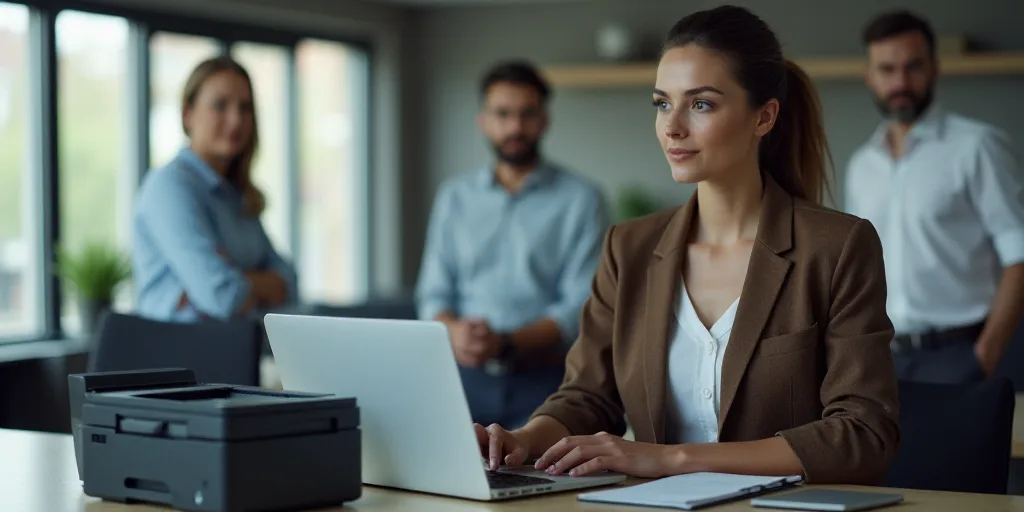 a woman is standing at a desk with a laptop computer and a printer in front of her and two men behin