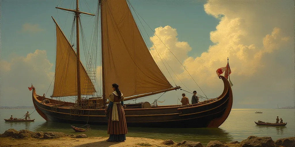 a woman is standing in front of a boat with a man standing next to it and a man standing next to a b