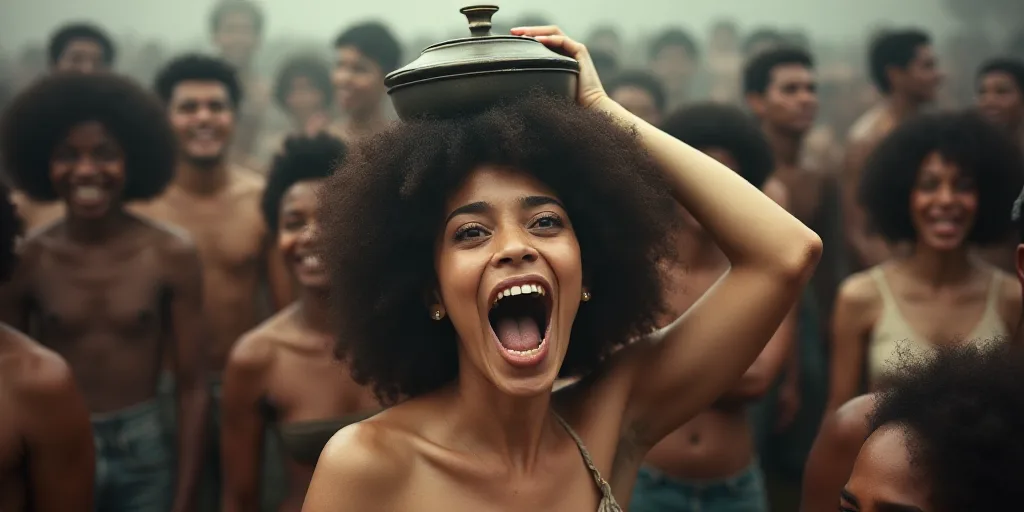 a woman is surrounded by a crowd of people with pots and pans on her head and mouth open, Aya Goda,
