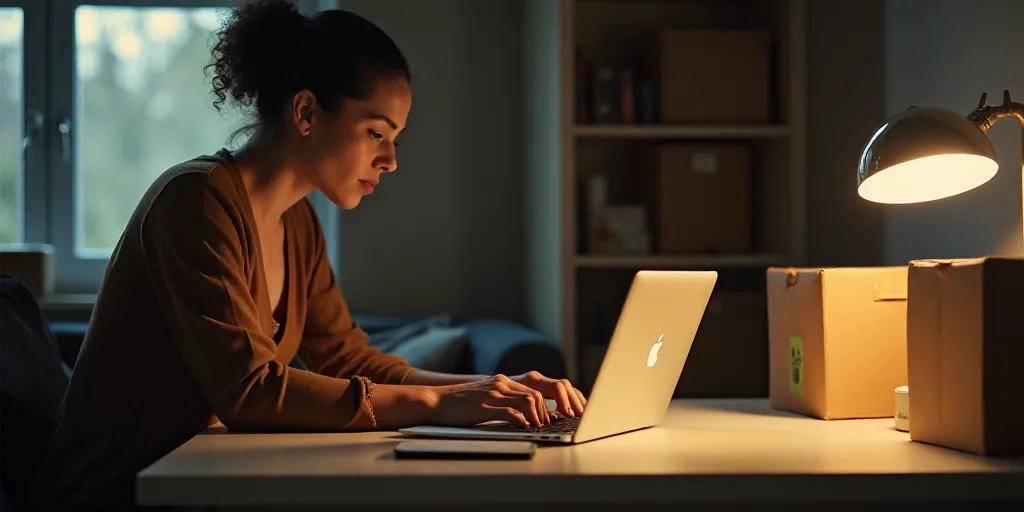 a woman is working on a laptop in a room with boxes on the table and a lamp on the table, Evaline Ne