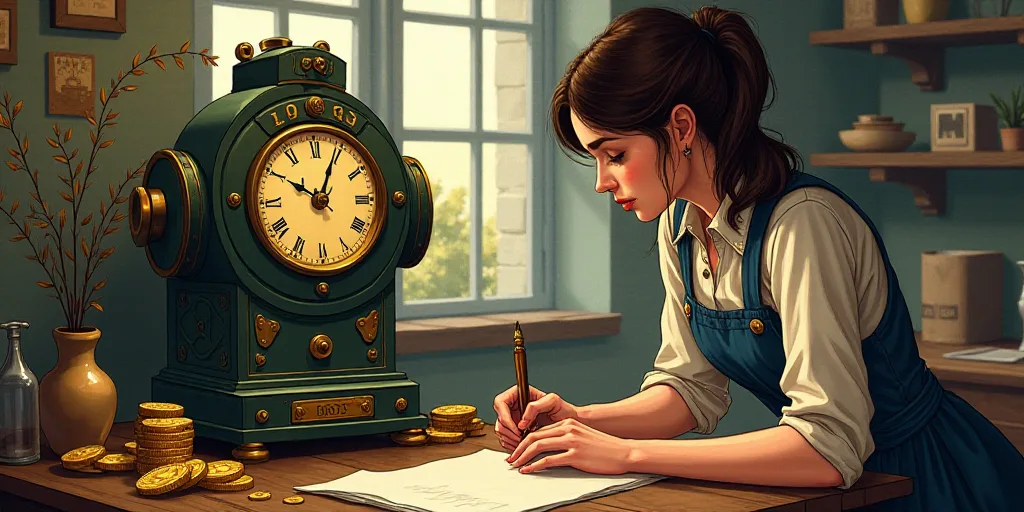 a woman is writing on a paper next to a machine with a clock on it and stacks of gold coins, Andries